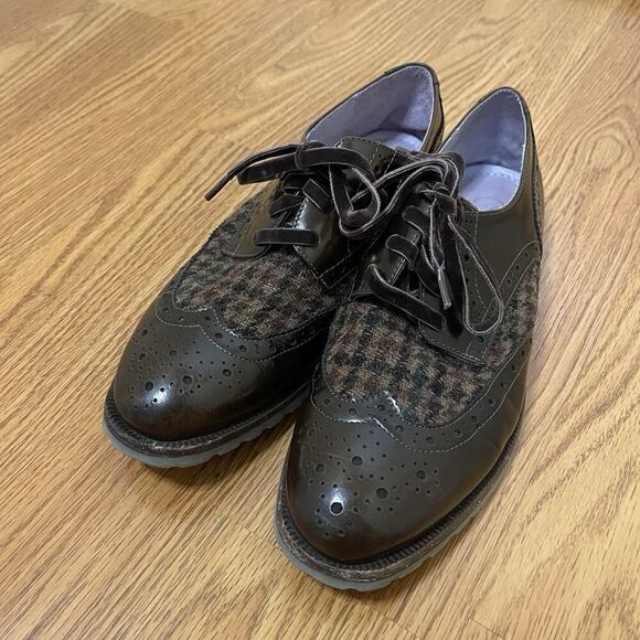 Johnston & Murphy Dark brown tweed knit patent leather oxford wingtip shoes 7 - Picture 2 of 8